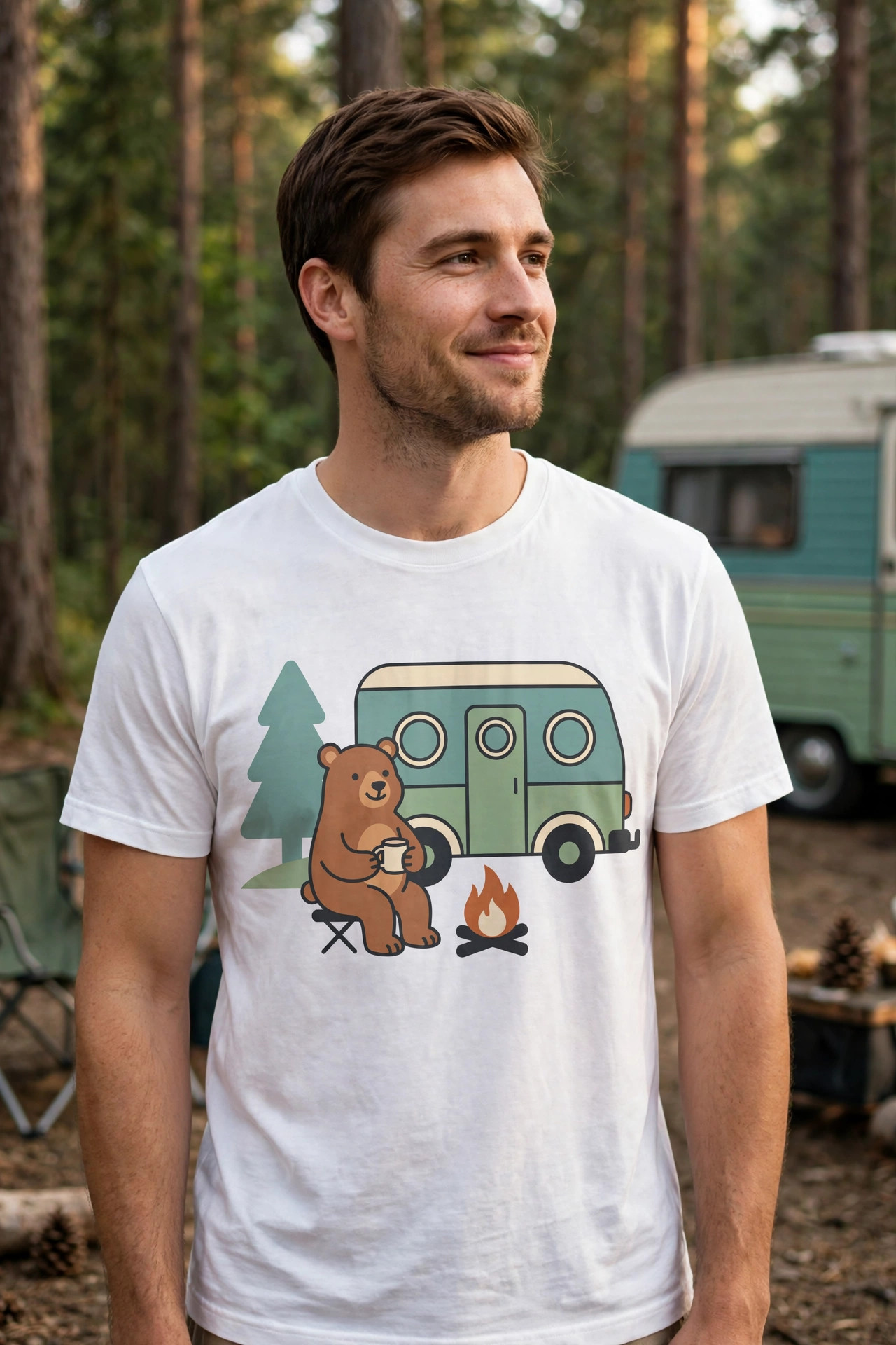 Bear Relaxing Beside Camper Illu T-shirt design